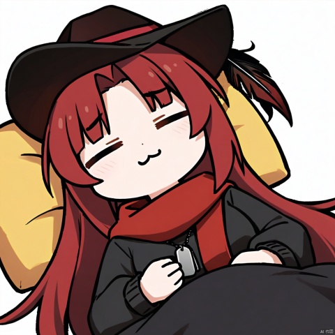  1girl, solo,red hair, black hat, hat feather, red scarf, black jacket, dog_tags,

:3, closed_eyes,pillow, sleeping, under_covers, on_back, white_background, lying,simple_background, closed_mouth