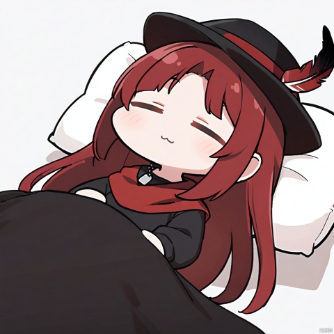  1girl, solo,red hair, black hat, hat feather, red scarf, black jacket, dog_tags,

:3, closed_eyes,pillow, sleeping, under_covers, on_back, white_background, lying,simple_background, closed_mouth, chibi
