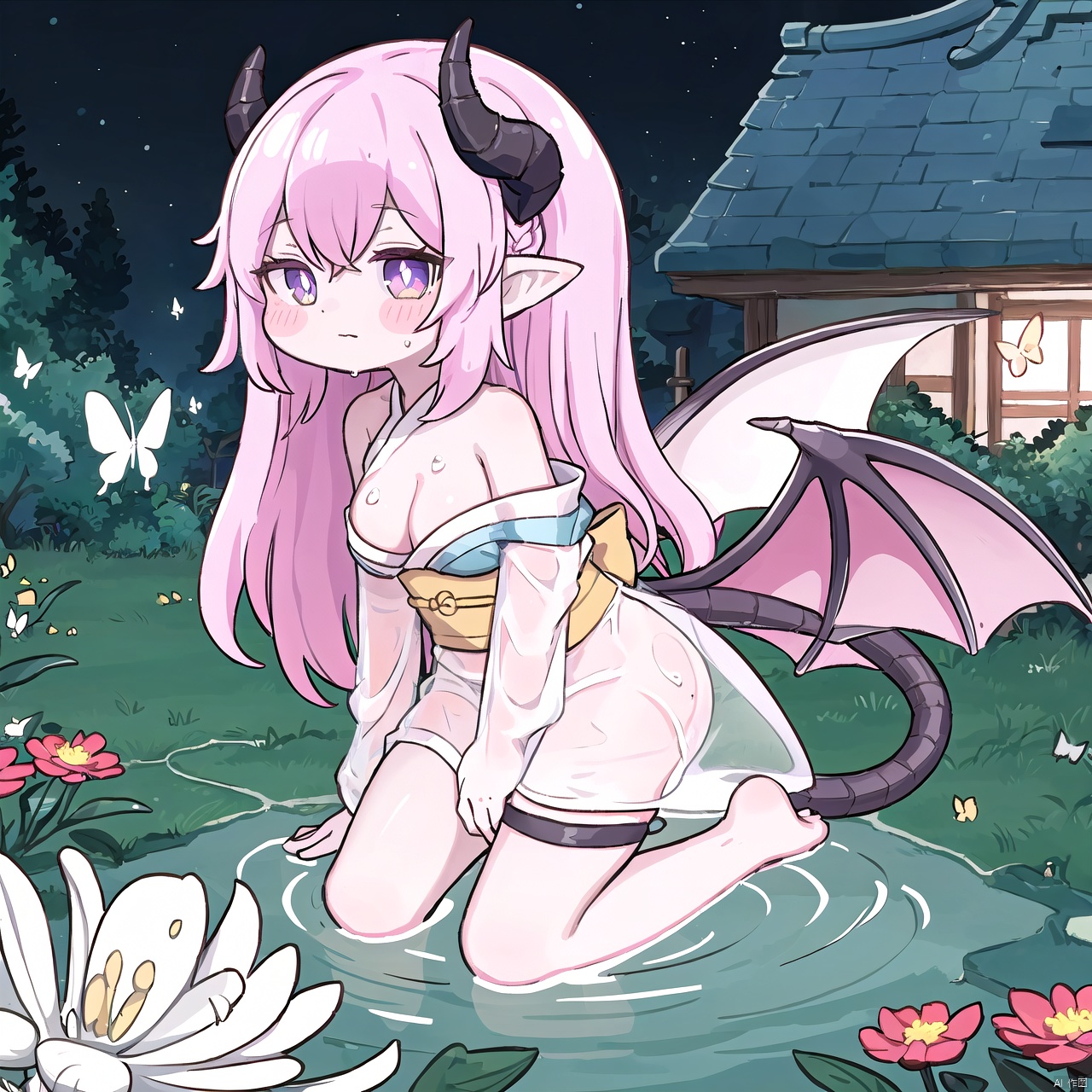  chibi, chibi,(masterpiece:1.2),1girl,tail,wings,solo,horns,dragon horns,dragon wings,dragon tail,dragon girl,spider lily,pointy ears,nsfw,sex,wet,wet kimono,see-through,open clothes,bare shoulders,striped,new year,flower,barefoot,long hair,one side up,tree,water,white kimono,sitting,kneeling,outdoors,night,pink flower,purple flower,silver hair,looking at viewer,sky,house,blue flower,purple eyes,blush,one side up,bare legs,butterfly,building,night sky,bug,long sleeves,white flower,depth of field,hair between eyes,red flower,reflection,closed mouth,grass,ripples,lake,pink hair,strap slip,plant,pink butterfly,starry sky,looking away,slit pupils,dark night,black background,glowing,large breasts,shy