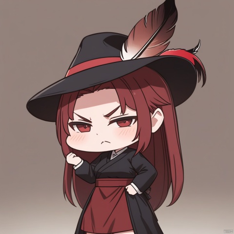 mesugaki, masterpiece, best quality, 1girl, red hair, hat, hat feather, scowl, chibi, Simple background,white background,