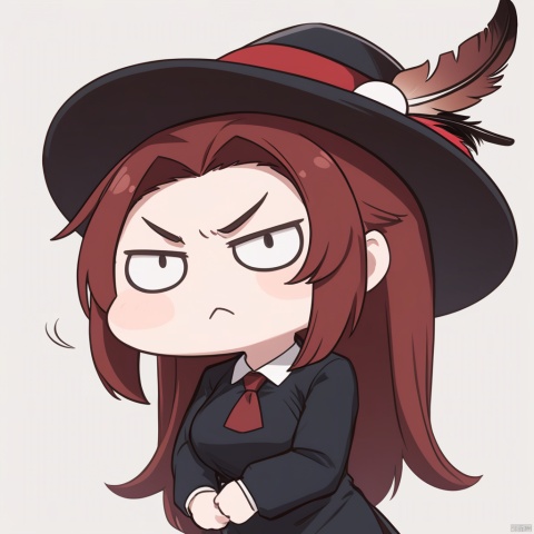  o_o, masterpiece, best quality, 1girl, red hair, hat, hat feather, scowl, chibi, Simple background,white background,