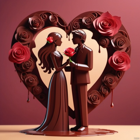 made out of wet Chocolate, Paper-cut works,hollow design,1 girl,(1 boy:1.4),profile,holding a rose in her hand,long flowing hair,heart-shaped hairpin,silhouette,holding a rose in his hand,holding a rose in his hand,soft and rounded forms,wine red theme,flat animations,gradient color,simple solid color background,imagination,sense of luxury,exquisiteness,light and shadow,3D,solid color background,
