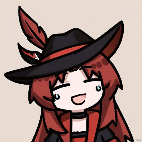  closed_eyes, open_mouth, chibi, smile, , virtual_youtuber, , , sweatdrop, , , , long_hair, , , shirt, , , , facing_viewer, upper_body, , , :d, open_clothes, , 

1girl, solo,red hair, hat, hat feather, red scarf,