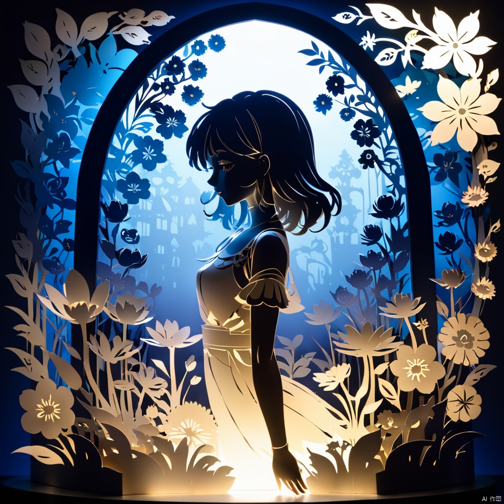 3D papercut shadow box of beautiful girl on a background of flowers . layered, dimensional, depth, silhouette, shadow, papercut, handmade, high contrast,