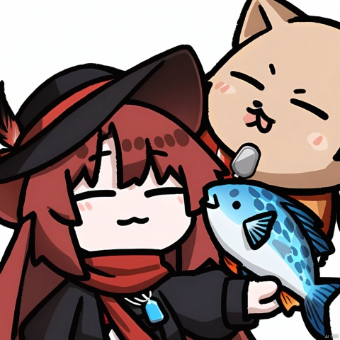  :3, closed_eyes, holding, simple_background, holding_fish, chibi, fish, white_background,  upper_body,

1girl, solo,red hair, black hat, hat feather, red scarf, black jacket, dog_tags,