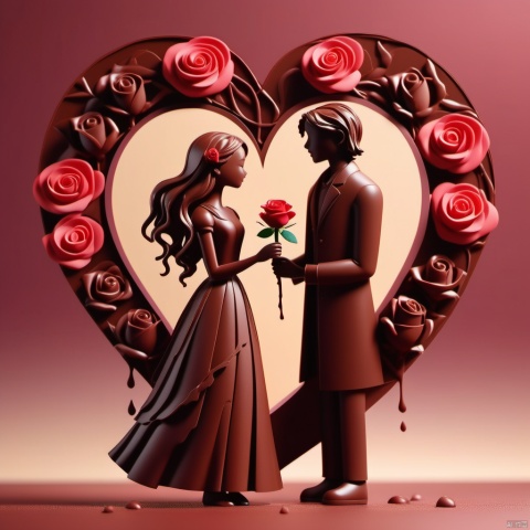  made out of wet Chocolate, Paper-cut works,hollow design,1 girl,(1 boy:1.4),profile,holding a rose in her hand,long flowing hair,heart-shaped hairpin,silhouette,holding a rose in his hand,holding a rose in his hand,soft and rounded forms,wine red theme,flat animations,gradient color,simple solid color background,imagination,sense of luxury,exquisiteness,light and shadow,3D,solid color background,
