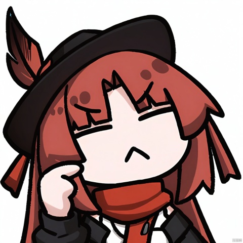  1girl, solo,red hair, black hat, hat feather, red scarf, black jacket, dog_tags,

 chibi, transparent_background, holding, white_background, virtual_youtuber, meme,:<, frown, upper_body, 