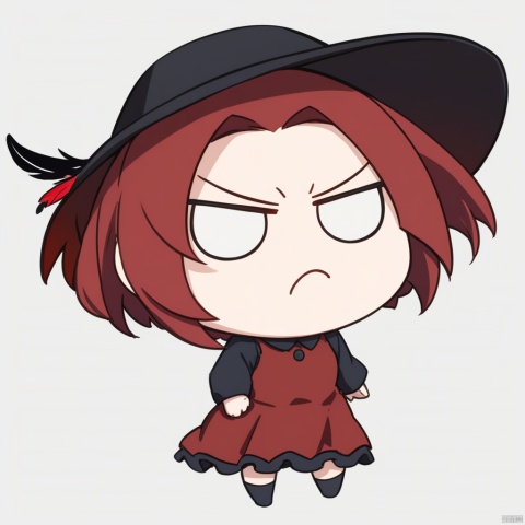  o_o, masterpiece, best quality, 1girl, red hair, hat, hat feather, scowl, chibi, Simple background,white background, , fumo