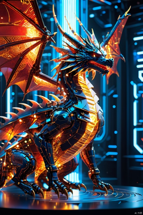 high quality, highly detailed, 8K Ultra HD, transparent diamond red dragon made out of circuit board with golden accents, side view, radiating light, amidst brilliance, The intricate patterns formed by these electric, symetrical hyper detailed texture, light passing, concept art, money, art station, perfect composition, masterpiece, full body, no wings,