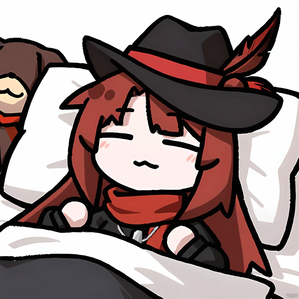  1girl, solo,red hair, black hat, hat feather, red scarf, black jacket, dog_tags,

:3, closed_eyes,pillow, sleeping, under_covers, on_back, white_background, lying,simple_background, closed_mouth