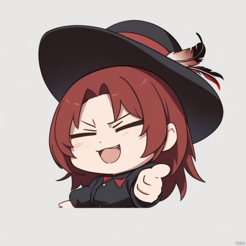 Stupid, happy, laugh, open your mouth wide,pointing at view,masterpiece, best quality, 1girl, red hair, hat, hat feather, scowl, chibi, Simple background,white background, , fumo