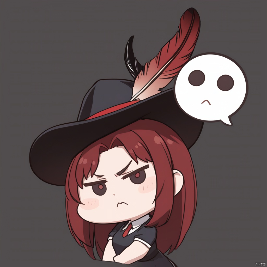 o_o, masterpiece, best quality, 1girl, red hair, hat, hat feather,  scowl, chibi, Simple background,white background, 