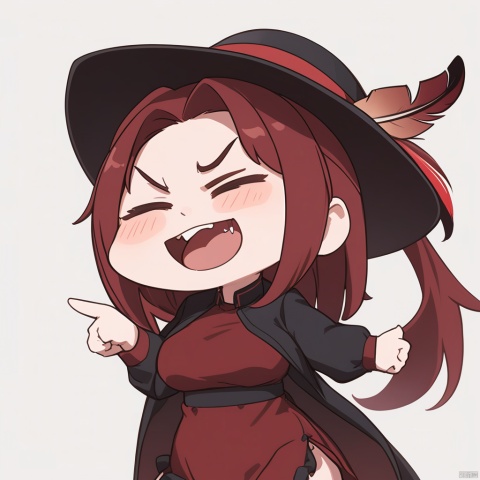 Stupid, happy, laughing, drooling, open your mouth wide,pointing at view,masterpiece, best quality, 1girl, red hair, hat, hat feather, scowl, chibi, Simple background,white background, 