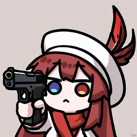 weapon, heterochromia, gun, holding_weapon, aiming, holding_gun, aiming_at_viewer, holding, , handgun, chibi,  virtual_youtuber, simple_background, 

1girl, solo,red hair, hat, hat feather, red scarf,