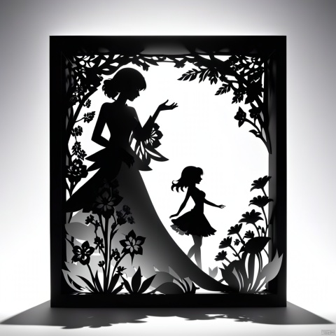  3D papercut shadow box of beautiful girl on a background of flowers . layered, dimensional, depth, silhouette, shadow, papercut, handmade, high contrast,