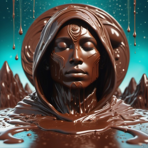  made out of wet Chocolate, ChocolateWetStyle Style-GravityMagic, solo, upper body, eyes closed,  dreaming, **(eyes open:1.2),** detailed background, detailed face, (, yinyang,  yinyangtech theme:1.1), dreamweaver, Teal wizard clothes, cloak of whispers,   intersecting realities,,ancient wisdom,trance,,fleeting glimpses of parallel worlds radiating  mystical dream aura,   70%cosmic dream-like landscape in background,  ethereal atmosphere,, covered in wet, dripping, runny chocolate, (Masterpiece:1.3) (best quality:1.2) (high quality:1.1)