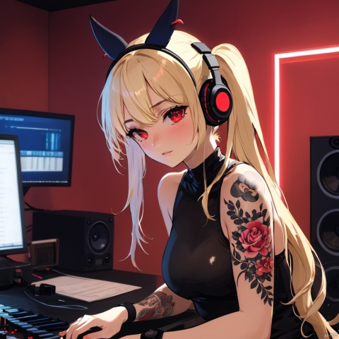 (dim lit:1)  ,  , ( sweat, blush:1), (at night:1),
 (GothicC:1.1), half buzzcut hairstyle, black hair, (tattoos:1.4), (ponytail, bangs, high ponytail:1.1), (inside a techno punk studio, listening to music:1.3), (wearing large headphones), (sitting listening to music:1.3), (glowing red light:1.4), (sensual, sexy, seductive, erotic, nsfw),  (incrsheadphones:1.3),(blushing:1.5), (abby_d0ws3:1.2) , (30-year- old norwegian beautiful slender petite woman supermodel),(wide jaw sharp jawline),(long wavy thick blonde hair), (perfect oval large eyes that gazes at the viewer), beautiful detailed face, blue gorgeous perfect eyes, (blonde hair ponytail), (attractive young woman:1.3), (thick amazing hair), (seductive:1.1), (blushing:1.1)