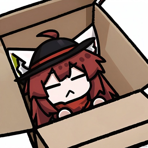  :<, ahoge,  in_container, in_box, tail, solo, chibi, box, looking_at_viewer, virtual_youtuber, fox_ears, frown ,

1girl, solo,red hair, hat, hat feather, red scarf,