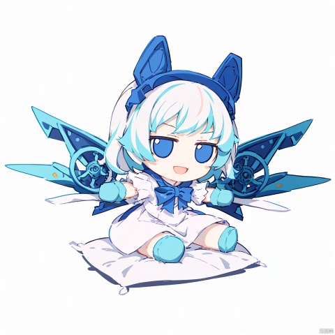  chibi, masterpiece, best quality, 1girl,solo,blue eyes,long hair,mecha musume,white background,dress,open mouth,smile,white hair,looking at viewer,simple