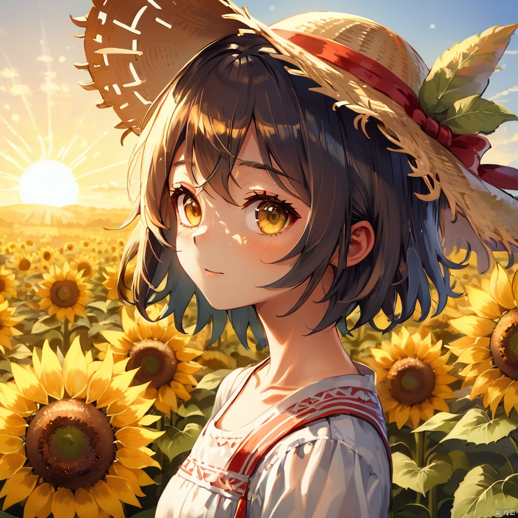 ((Girl in straw hat looking back in a field of sunflowers)), (backlight), (best illumination, best shadow, an extremely delicate and beautiful), Girl on the center axis of the picture, small breasts, ((Sunflowers with the ultimate in detail)), beautiful detailed sky, Perfect body, (beautiful detailed face), extremely delicate and beautiful girls, Sunflower fields at sunset, sunset, black hair, beautiful detailed cloud, (((extremely detailed CG unity 8k wallpaper, masterpiece, best quality, ultra-detailed))), dynamic angle, floating, finely detail, (bloom), (shine), glinting stars, feather,nature,(sunlight), fairyland, (((The character is in the center of the frame)))
