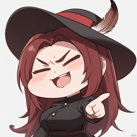 Stupid, happy, laugh, open your mouth wide,pointing at view,masterpiece, best quality, 1girl, red hair, hat, hat feather, scowl, chibi, Simple background,white background, 