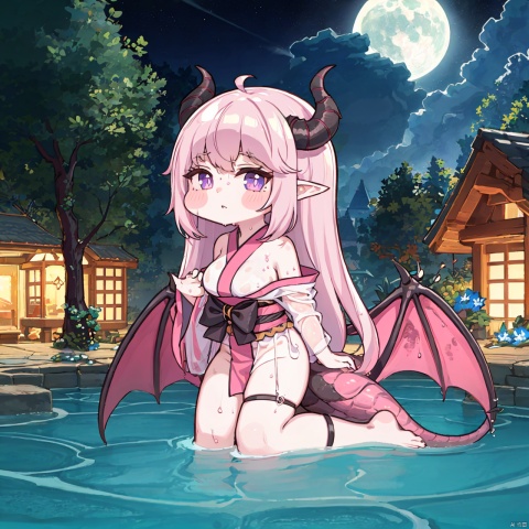  chibi, chibi,(masterpiece:1.2),1girl,tail,wings,solo,horns,dragon horns,dragon wings,dragon tail,dragon girl,spider lily,pointy ears,nsfw,sex,wet,wet kimono,see-through,open clothes,bare shoulders,striped,new year,flower,barefoot,long hair,one side up,tree,water,white kimono,sitting,kneeling,outdoors,night,pink flower,purple flower,silver hair,looking at viewer,sky,house,blue flower,purple eyes,blush,one side up,bare legs,butterfly,building,night sky,bug,long sleeves,white flower,depth of field,hair between eyes,red flower,reflection,closed mouth,grass,ripples,lake,pink hair,strap slip,plant,pink butterfly,starry sky,looking away,slit pupils,dark night,black background,glowing,large breasts,shy