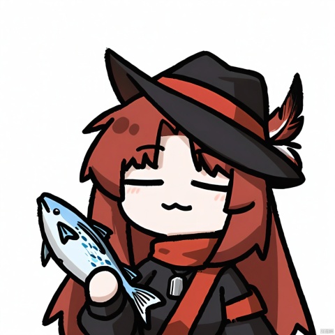  1girl, solo,red hair, black hat, hat feather, red scarf, black jacket, dog_tags,

:3, closed_eyes, holding_fish, chibi, white_background, upper_body,
