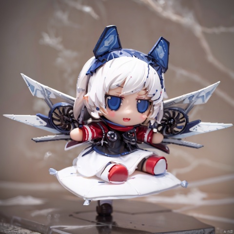  chibi, masterpiece, best quality, 1girl,solo,blue eyes,long hair,mecha musume,white background,dress,open mouth,smile,white hair,looking at viewer,simple , figure, ( figma:0.8)