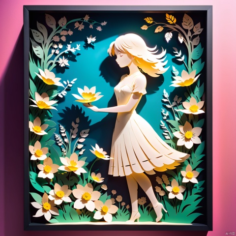 3D papercut shadow box of beautiful girl on a background of flowers . layered, dimensional, depth, silhouette, shadow, papercut, handmade, high contrast,