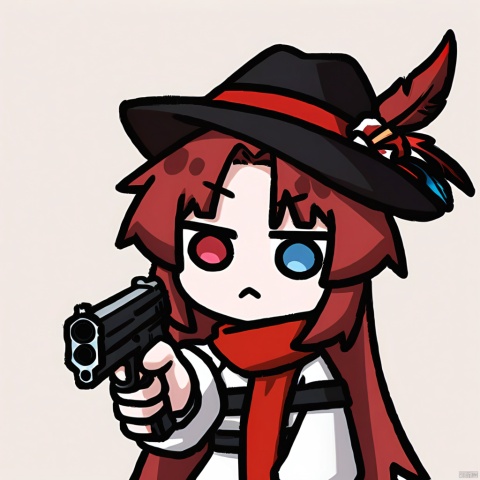 weapon, heterochromia, gun, holding_weapon, aiming, holding_gun, aiming_at_viewer, holding, , handgun, chibi,  virtual_youtuber, simple_background, 

1girl, solo,red hair, hat, hat feather, red scarf,