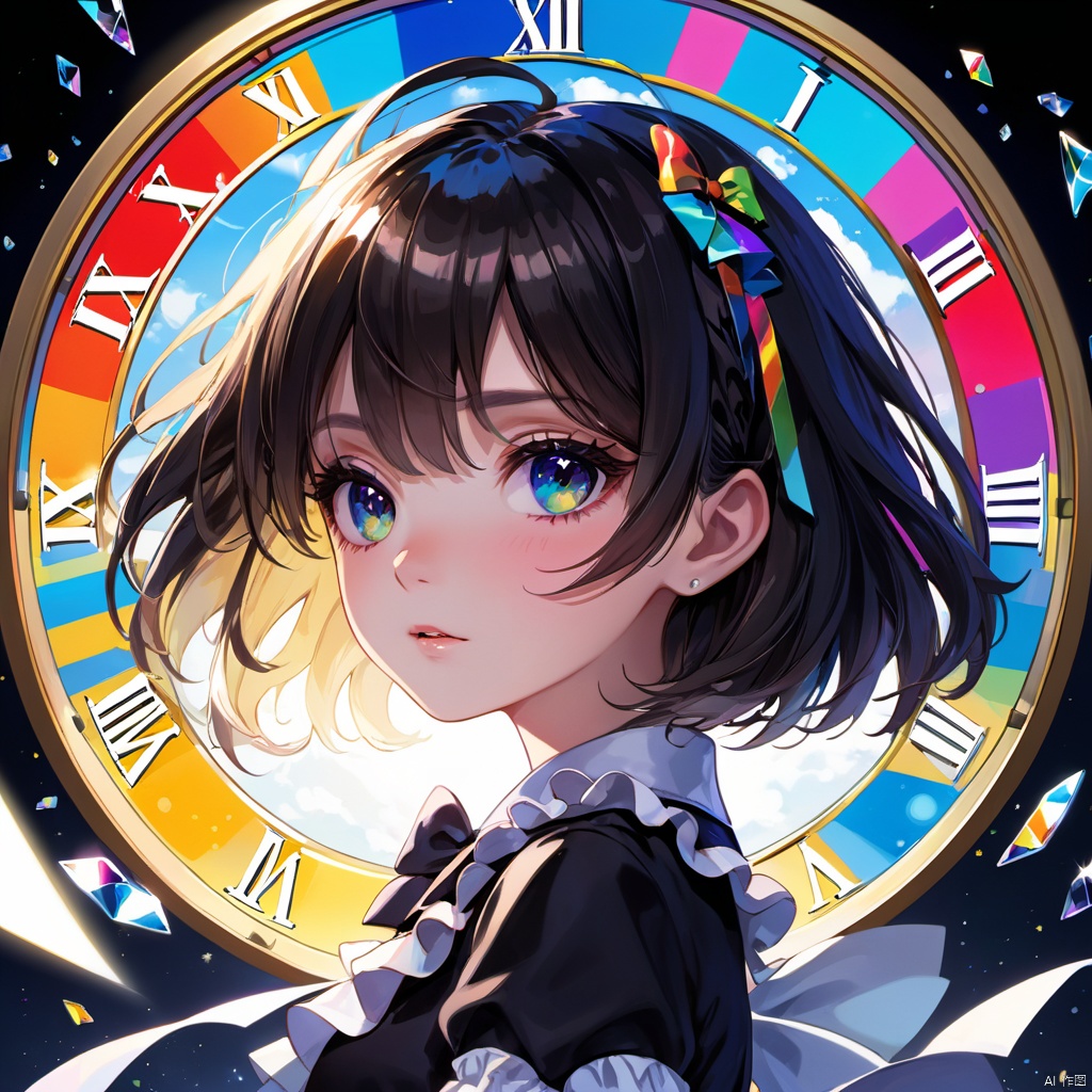  ((illustration)), ((floating hair)), ((chromatic aberration)), ((caustic)), lens flare, dynamic angle, ((portrait)), (1 girl), ((solo)), cute face, ((hidden hands)), asymmetrical bangs, (beautiful detailed eyes), eye shadow, ((huge clocks)), ((glass strips)), (floating glass fragments), ((colorful refraction)), (beautiful detailed sky), ((dark intense shadows)), ((cinematic lighting)), ((overexposure)), (expressionless), blank stare, big top sleeves, ((frills)), hair_ornament, ribbons, bowties, buttons, (((small breast))), pleated skirt, ((sharp focus)), ((masterpiece)), (((best quality))), ((extremely detailed)), colorful,