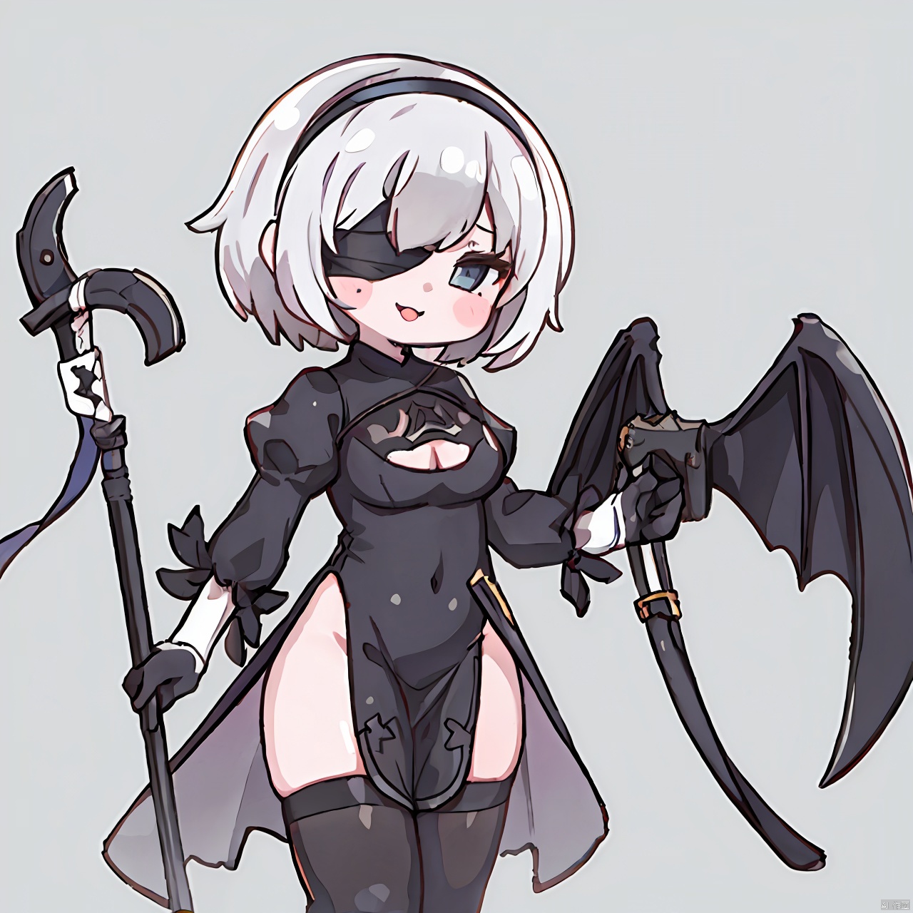  chibi,masterpiece, best quality, ,1girl,(blindfold:1.2),black blindfold,solo, white hair, dress,black dress, hairband, short hair, mole under mouth, gloves, thighhighs, puffy sleeves, cleavage cutout, long sleeves, yorha no. 2 type b,leotard, cowboy shot, grey background, smile,, 1girl