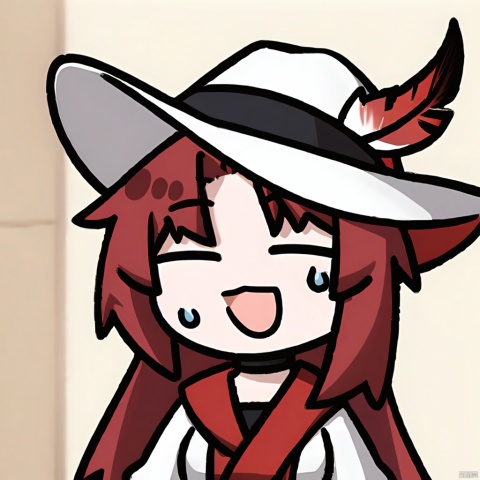  closed_eyes, open_mouth, chibi, smile, , virtual_youtuber, , , sweatdrop, , , , long_hair, , , shirt, , , , facing_viewer, upper_body, , , :d, open_clothes, , 

1girl, solo,red hair, hat, hat feather, red scarf,