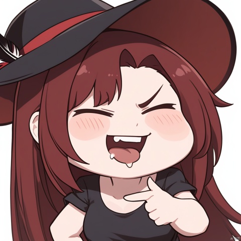 Stupid, happy, laughing, drooling, open your mouth wide,pointing at view,masterpiece, best quality, 1girl, red hair, hat, hat feather, scowl, chibi, Simple background,white background, 