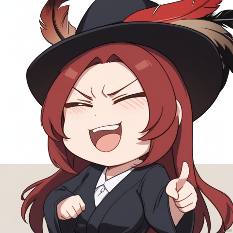 Stupid, happy, laugh, open your mouth wide,pointing at view,masterpiece, best quality, 1girl, red hair, hat, hat feather, scowl, chibi, Simple background,white background, , fumo