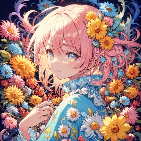 (Arts and Crafts Movement), anime,(masterpiece, top quality, best quality, official art, beautiful and aesthetic:1.2), (1girl), upper body,extreme detailed,(fractal art:1.3),colorful, flowers ,highest detailed