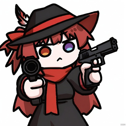 weapon, heterochromia, gun, holding_weapon, aiming, holding_gun, aiming_at_viewer, holding, , handgun, chibi,  virtual_youtuber, simple_background, 

1girl, solo,red hair, black hat, hat feather, red scarf, loita dress, black dress,