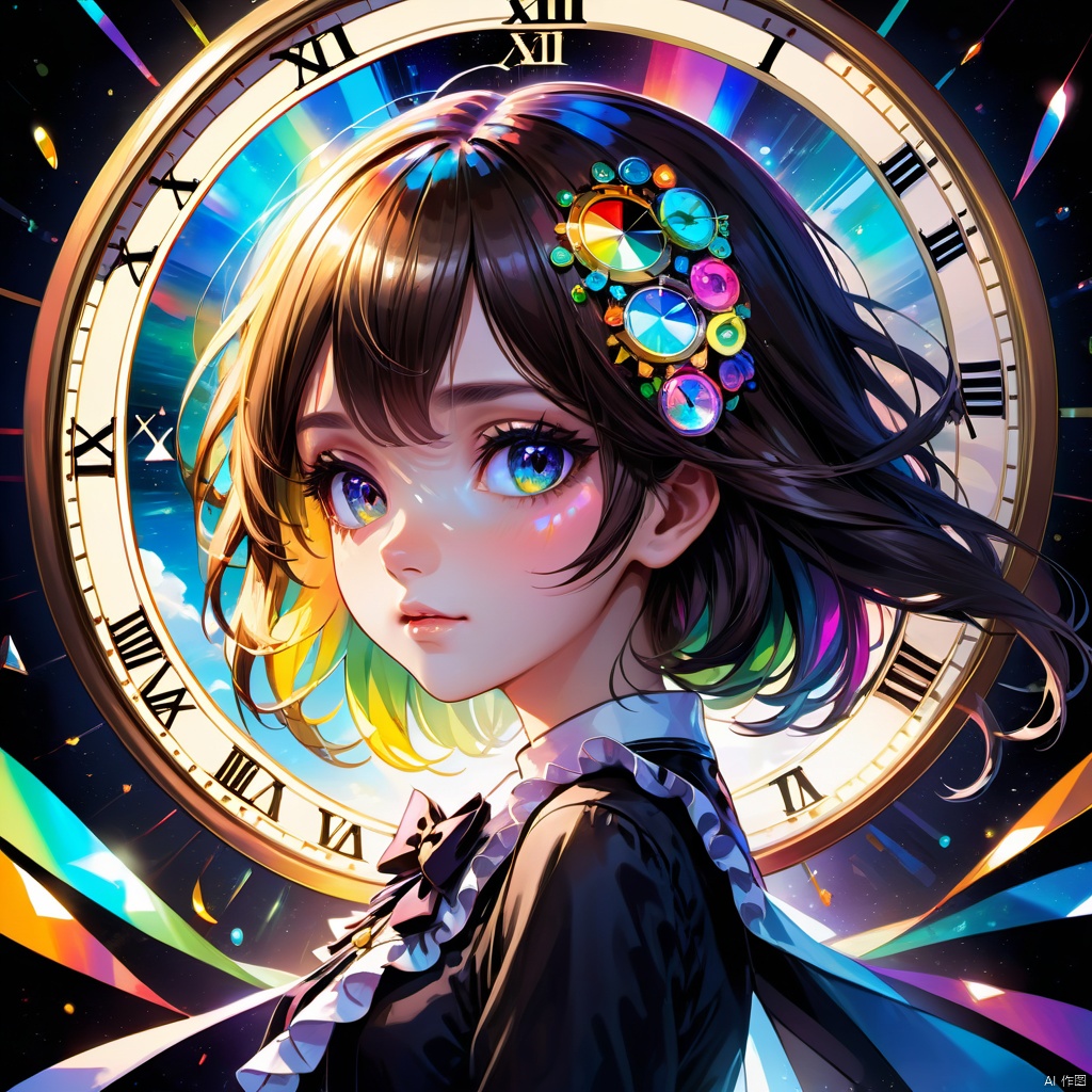 ((illustration)), ((floating hair)), ((chromatic aberration)), ((caustic)), lens flare, dynamic angle, ((portrait)), (1 girl), ((solo)), cute face, ((hidden hands)), asymmetrical bangs, (beautiful detailed eyes), eye shadow, ((huge clocks)), ((glass strips)), (floating glass fragments), ((colorful refraction)), (beautiful detailed sky), ((dark intense shadows)), ((cinematic lighting)), ((overexposure)), (expressionless), blank stare, big top sleeves, ((frills)), hair_ornament, ribbons, bowties, buttons, (((small breast))), pleated skirt, ((sharp focus)), ((masterpiece)), (((best quality))), ((extremely detailed)), colorful,