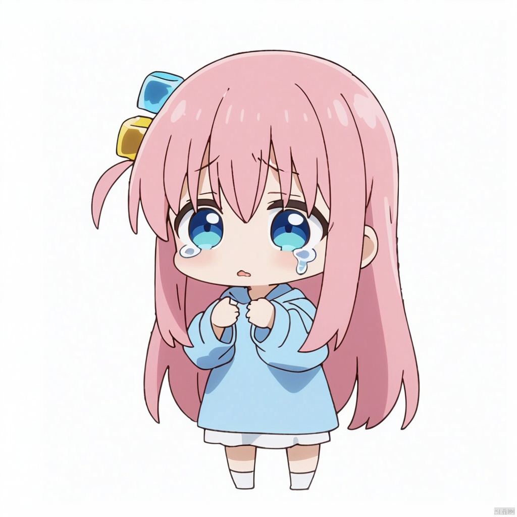 Anime screenshots,masterpiece,bestquality,(chibi:1.1),loli,full_body,1girl,solo,gotoh hitori,bocchi the rock,pink hair,blue eyes,Blue and yellow cube hair accessories,
oversized_clothes,bare_legs,kneehighs,No shoes,(white_background:1.6),Wipe your tears,pigeon-toed,crying,