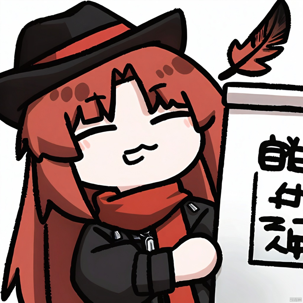  1girl, solo,red hair, black hat, hat feather, red scarf, black jacket, dog_tags,

sign, holding_sign,:3, closed_eyes, holding,  white_background, simple_background, upper_body, facing_viewer, closed_mouth,  chibi, smile, 