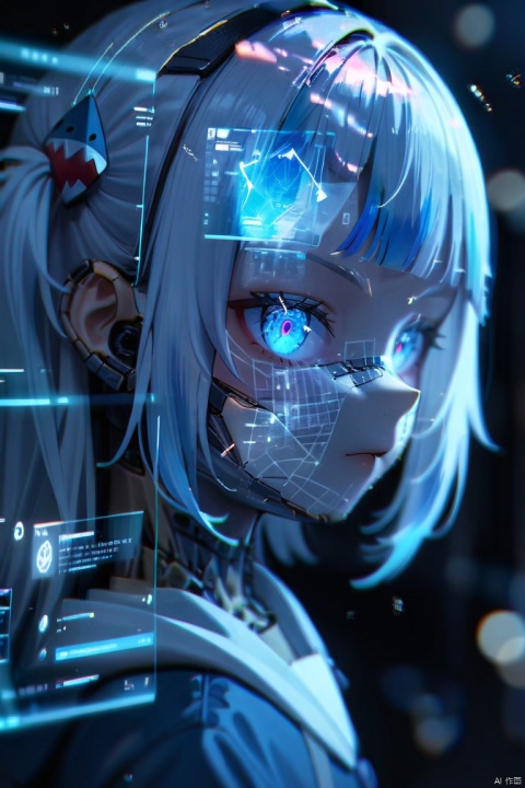 1girl, gawr gura,
holographic display, futuristic, holographic face, hologram, UI, particles, artificial eye, interface, cyborg, cyberpunk, nodes,