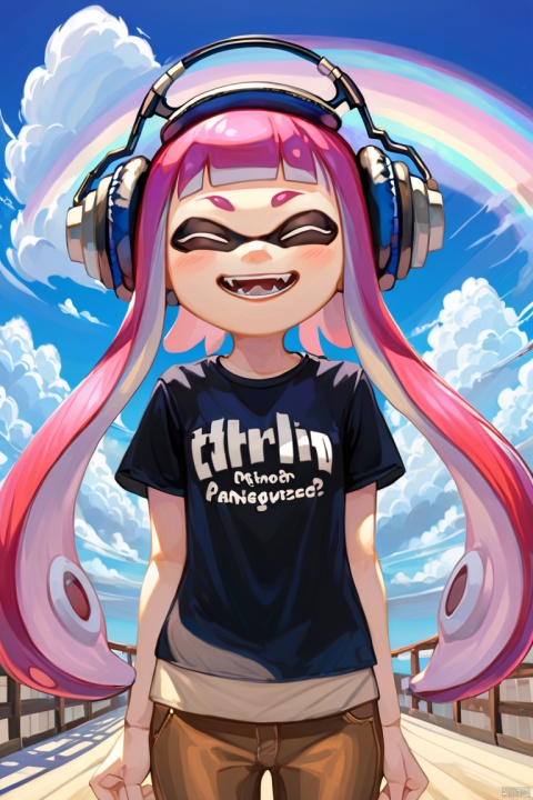  masterpiece, masquerade_mask, 1girl,solo,long hair,smile,open mouth,bangs,shirt,closed eyes,pink hair,short sleeves,cowboy shot,sky,day,cloud,blunt bangs,blue sky,black shirt,^_^,headphones,fangs,t-shirt,clothes writing,hands on hips,tentacle hair,rainbow,inkling,inkling girl
