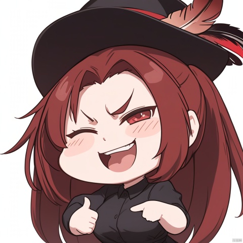 Stupid, happy, laugh, open your mouth wide,pointing at view,masterpiece, best quality, 1girl, red hair, hat, hat feather, scowl, chibi, Simple background,white background, 