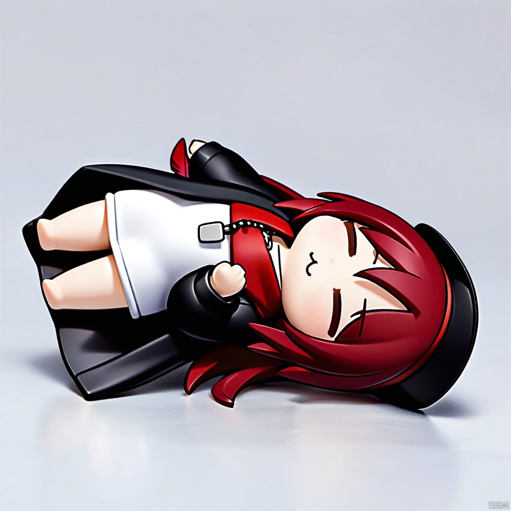   Nendoroid, 
1girl, solo,red hair, black hat, hat feather, red scarf, black jacket, dog_tags,

:3, closed_eyes,pillow, sleeping, under_covers, on_back, white_background, lying,simple_background, closed_mouth, chibi