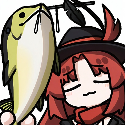  1girl, solo,red hair, black hat, hat feather, red scarf, black jacket, dog_tags,

:3, closed_eyes, holding_fish, chibi, white_background, upper_body,
