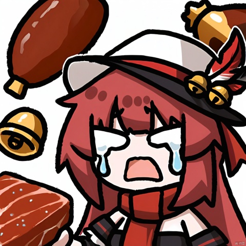 chibi, holding, virtual_youtuber, simple_background, open_mouth, bell, meat,  chicken_\(food\), crying,  tears,

1girl, solo,red hair, hat, hat feather, red scarf,