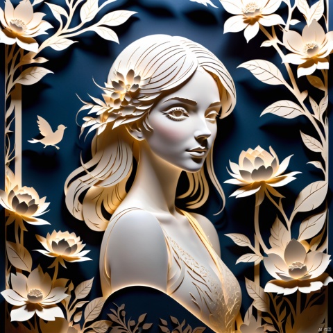  3D papercut shadow box of beautiful girl on a background of flowers . layered, dimensional, depth, silhouette, shadow, papercut, handmade, high contrast, 