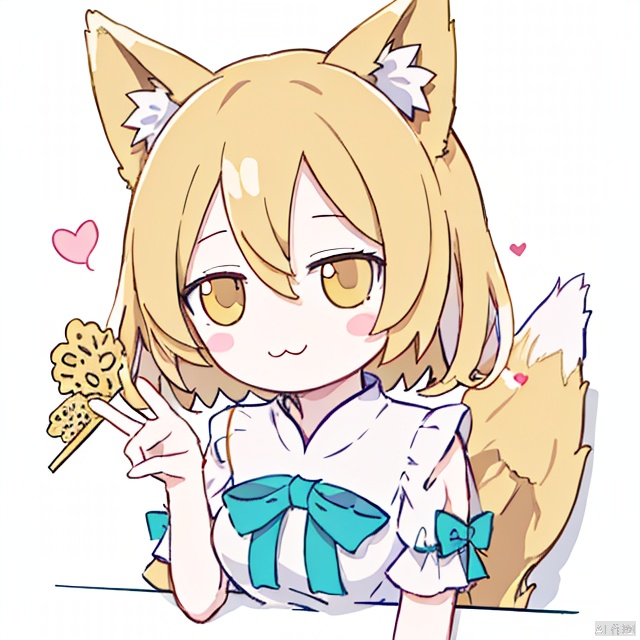  chibi,masterpiece, best quality, ,,1girl, kudamaki tsukasa, animal ears, tail, fox ears, solo, fox tail, romper, simple background, fox shadow puppet, white background, heart, blonde hair, breasts, blush stickers, hair between eyes, closed mouth, :3, fox girl, short hair, short sleeves, green ribbon, small breasts, looking at viewer, smile, bangs, brown eyes, ribbon, upper body, yellow eyes, blush, animal ear fluff, kudamaki tsukasa