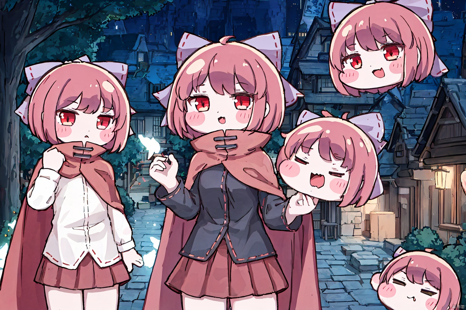  chibi,masterpiece, best quality, ,1girl, sekibanki,red hair,hair bow,red eyes,short hair,cape,long sleeves, shirt,skirt,(disembodied head:1.2),outdoors,night
