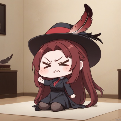  masterpiece, best quality,  1girl, red hair, hat, hat feather, >_<, scowl, 1girl, chibi